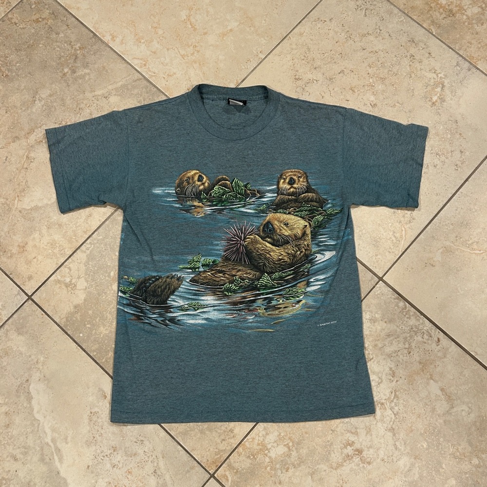 Vintage Sea Otter Shirt Mens S Blue Graphic Print Signal Sport Single Stitch AOP